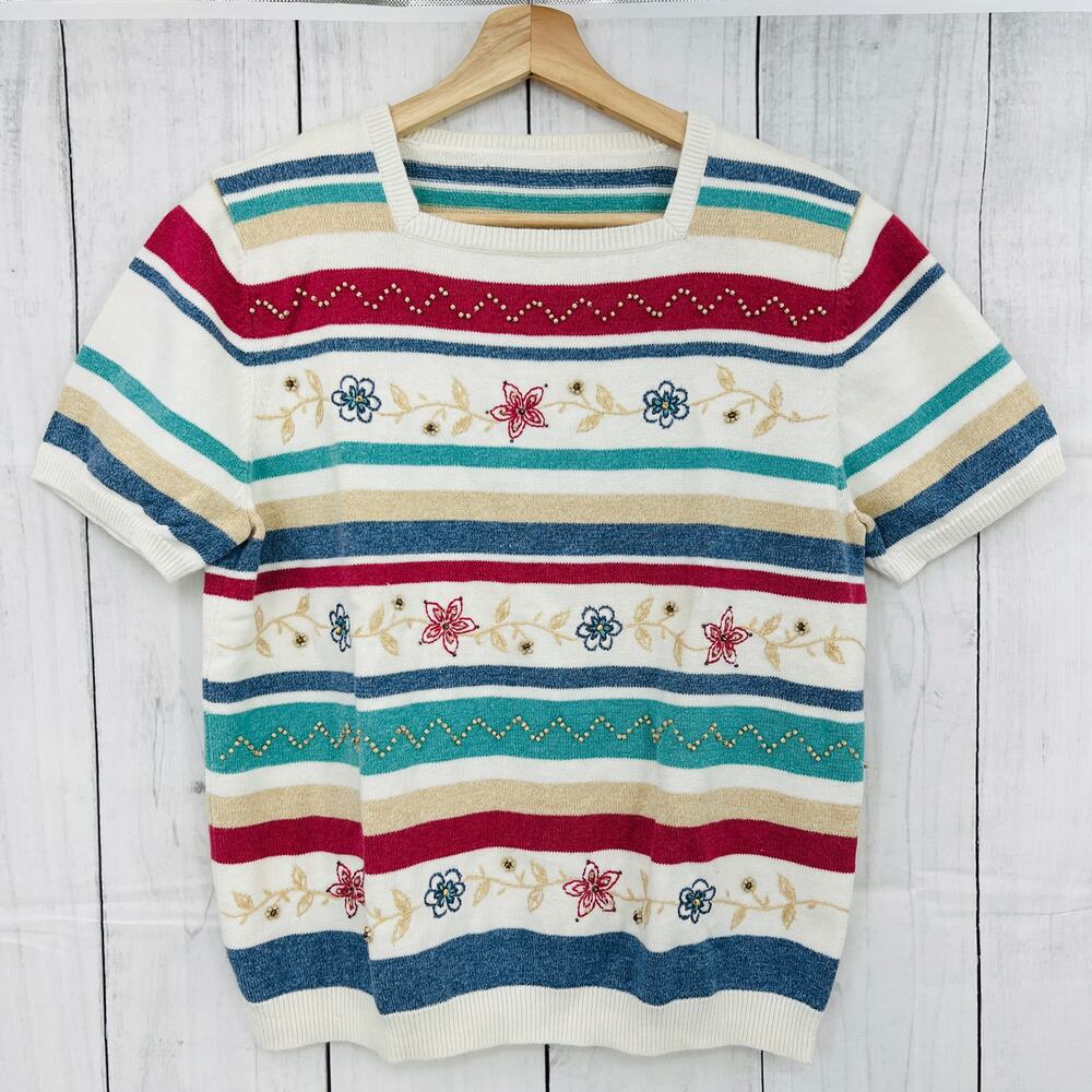 Vintage 90s Cream Striped Floral Embroidered Knit Beaded Cottagecore Sweater S